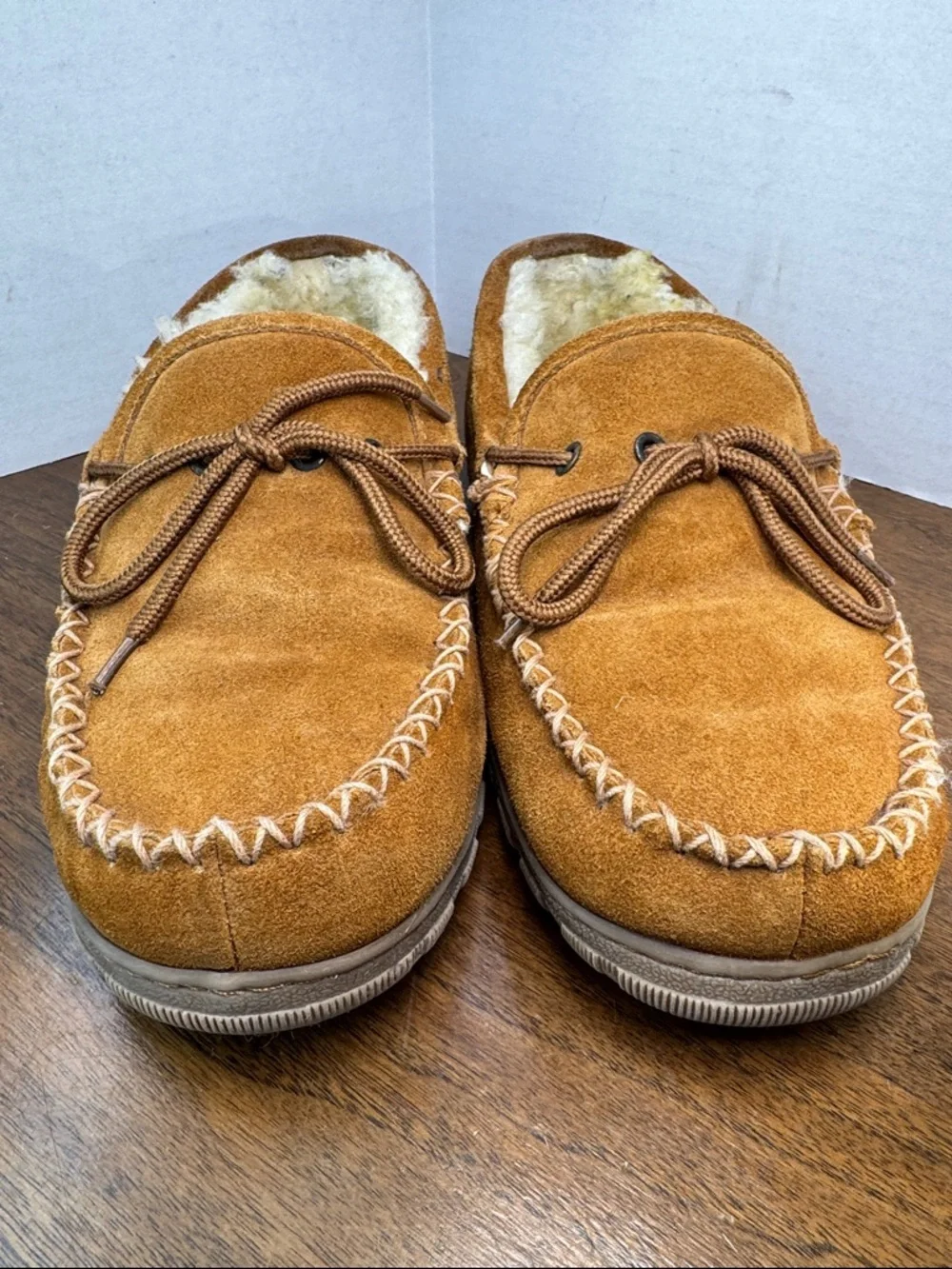 RJs Fuzzies Men's Suede Shearling Lined Moccasin Slippers Grandpa Loafer, sz 9